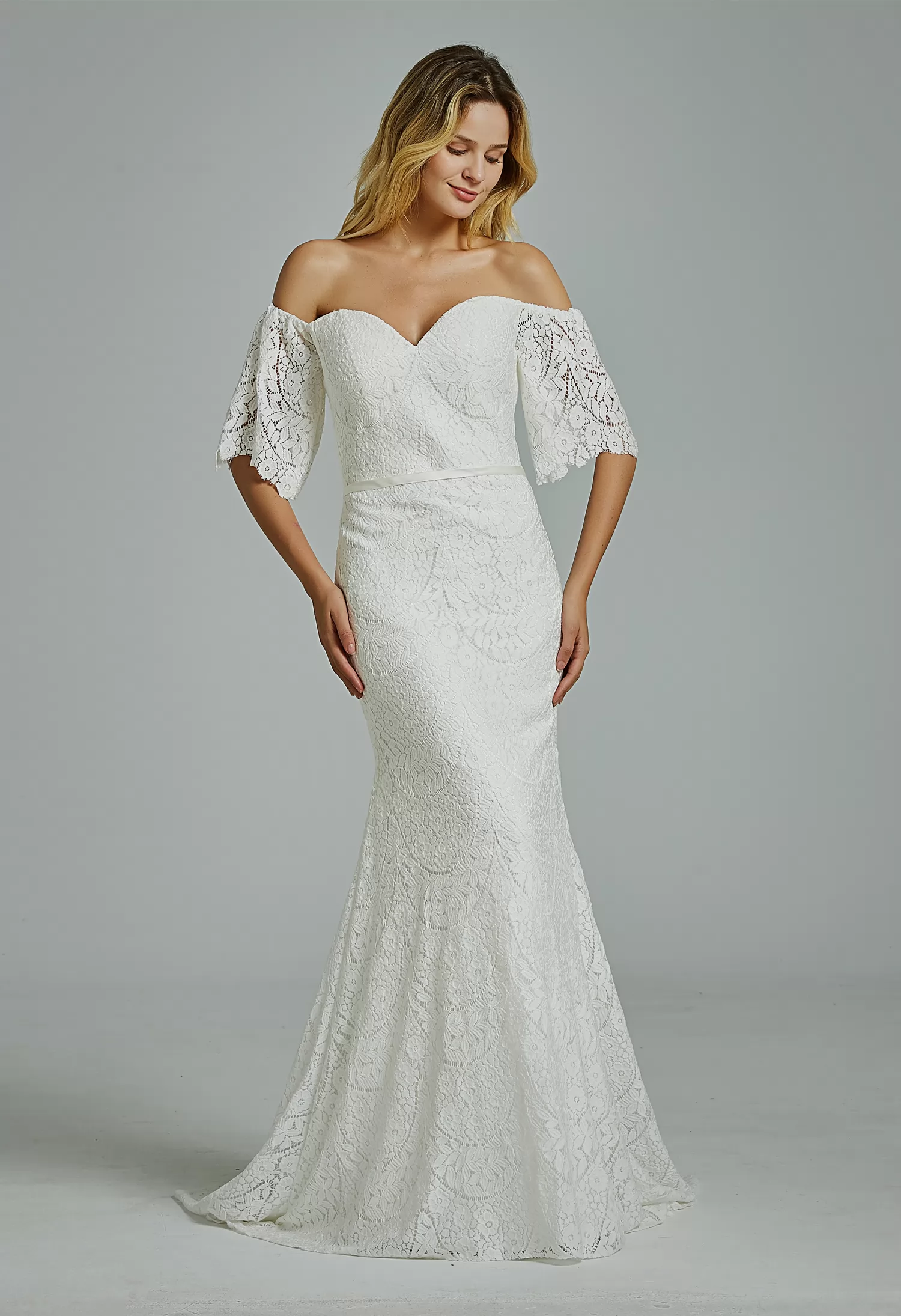 Floral Lace Off-the-shoulder  Sheath Wedding Dress