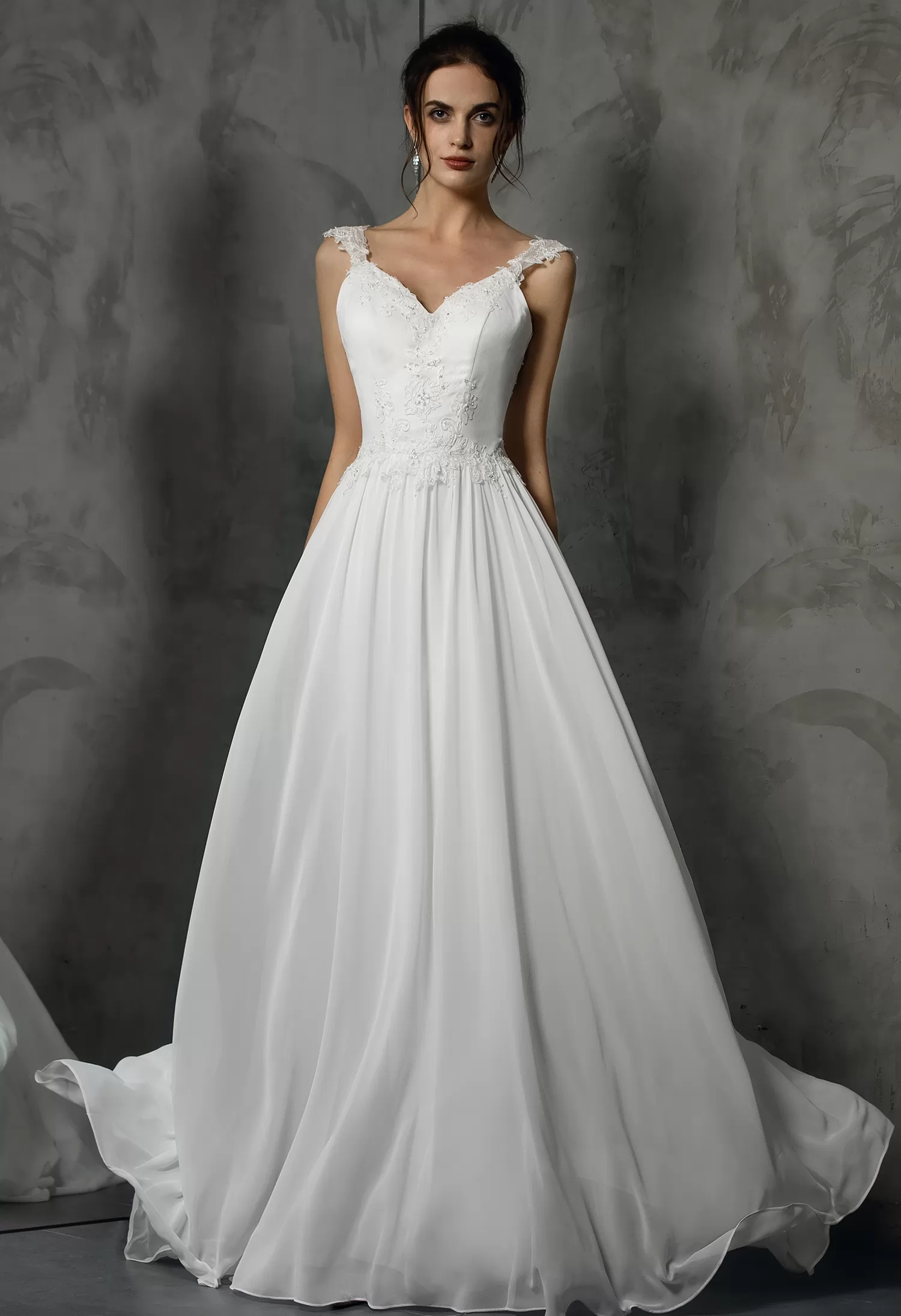 Stunning V Neckline Chiffon Wedding Dress With Beaded Appliques