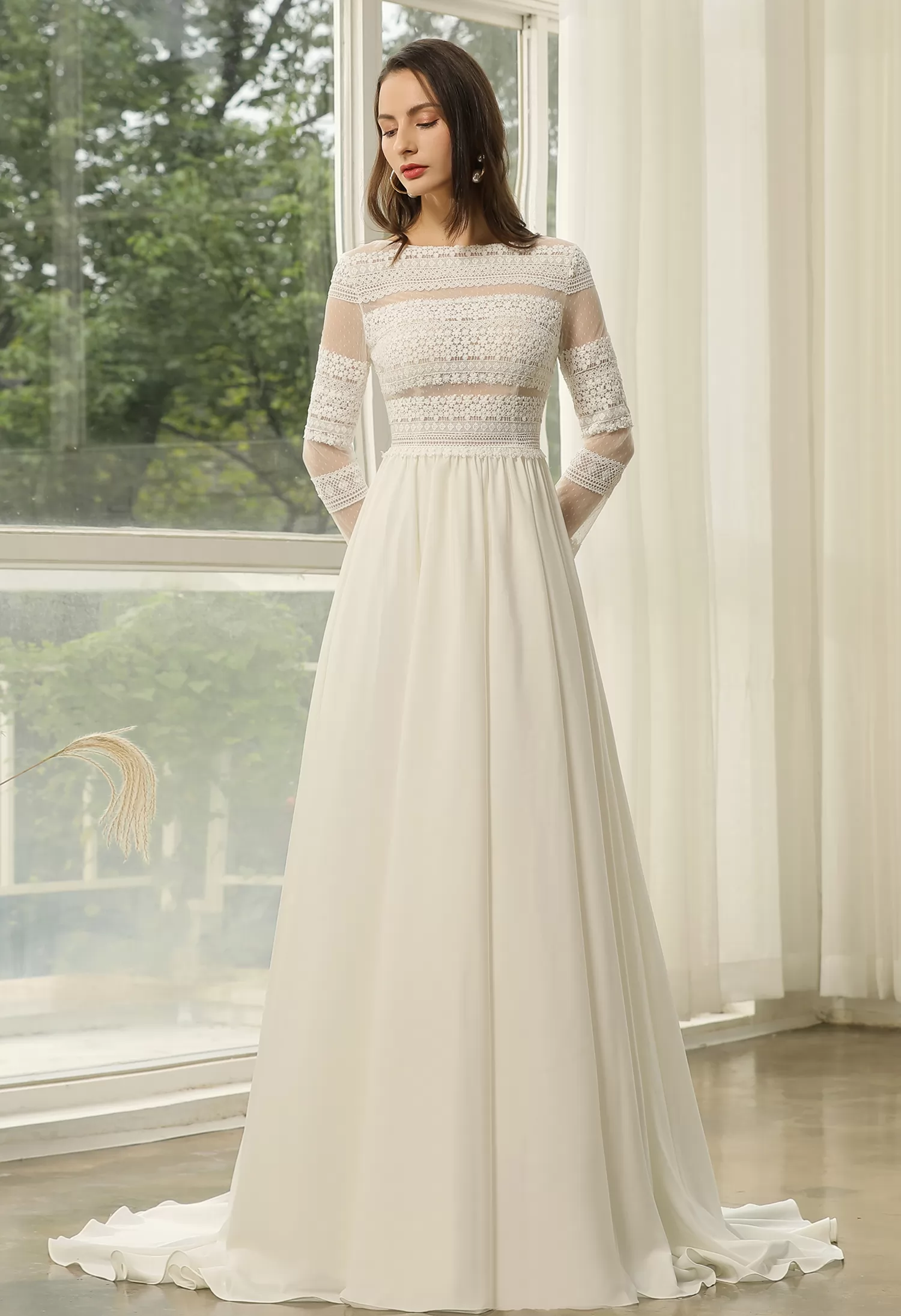 Long Sleeve Lace  A-line Boho Wedding Dress