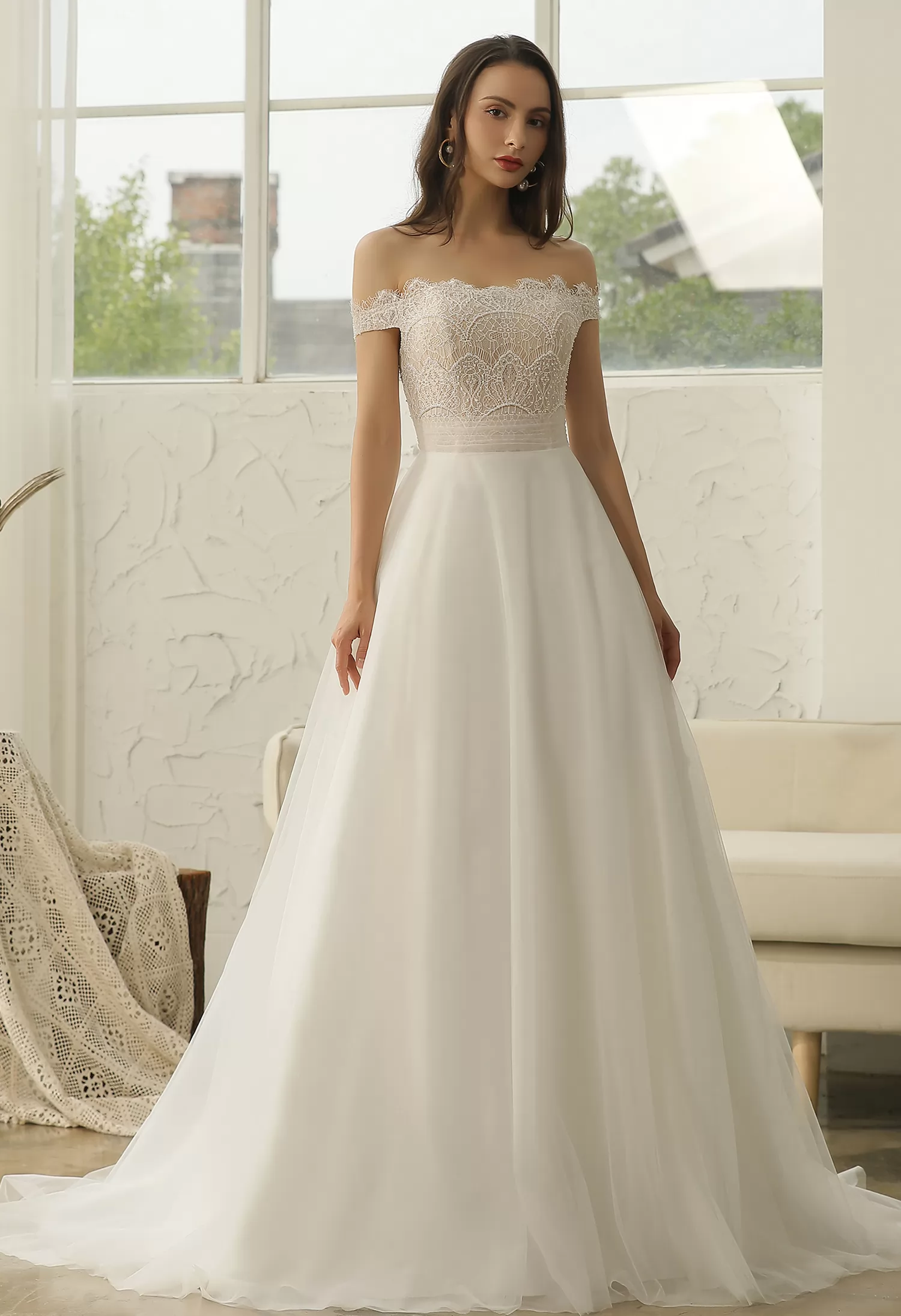 Off-The-Shoulder  Beading Lace Pleating Wholesale Wedding Dress
