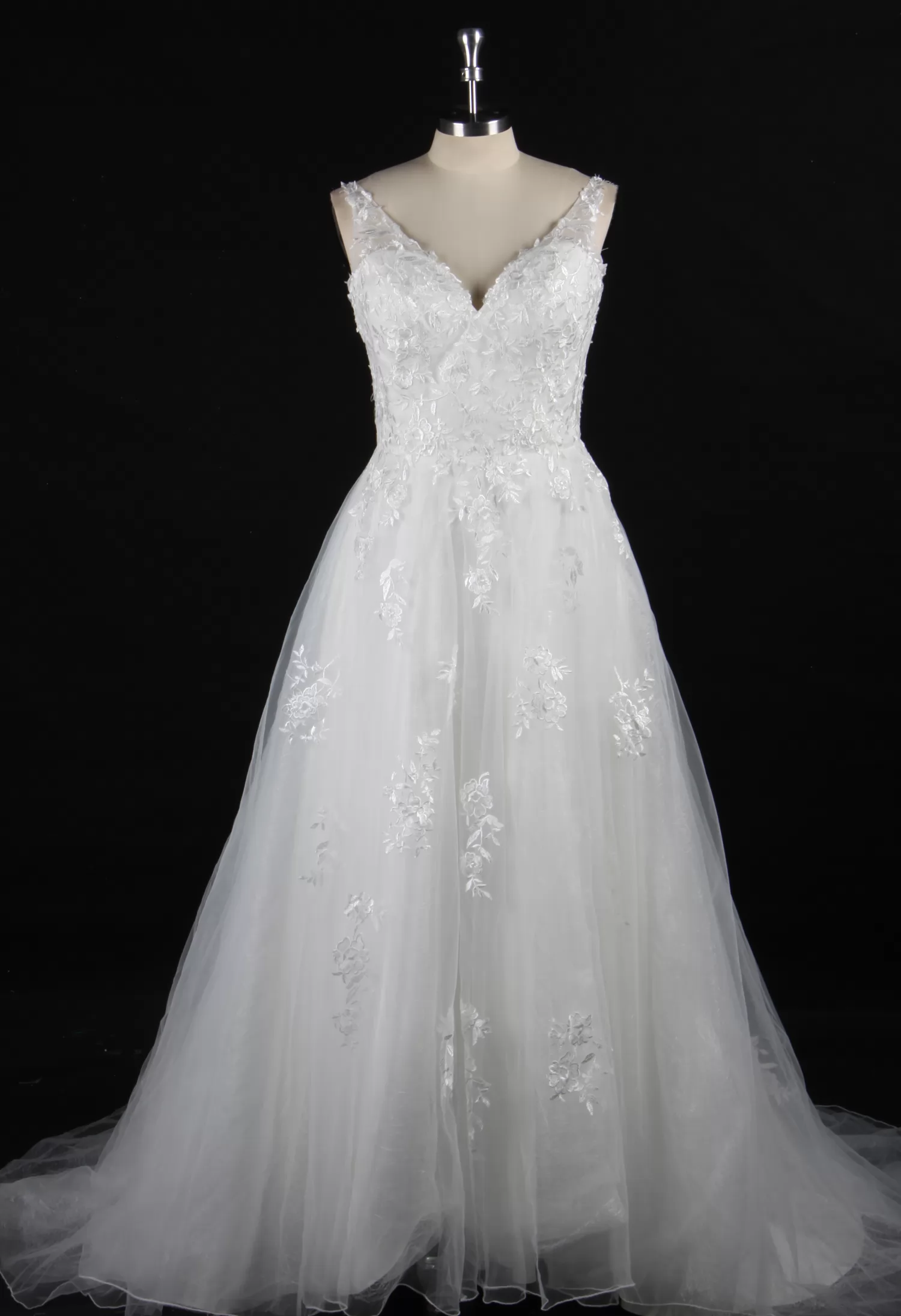 Embroidered Tulle Wedding Dress With A-Line Silhouette and V-Neck