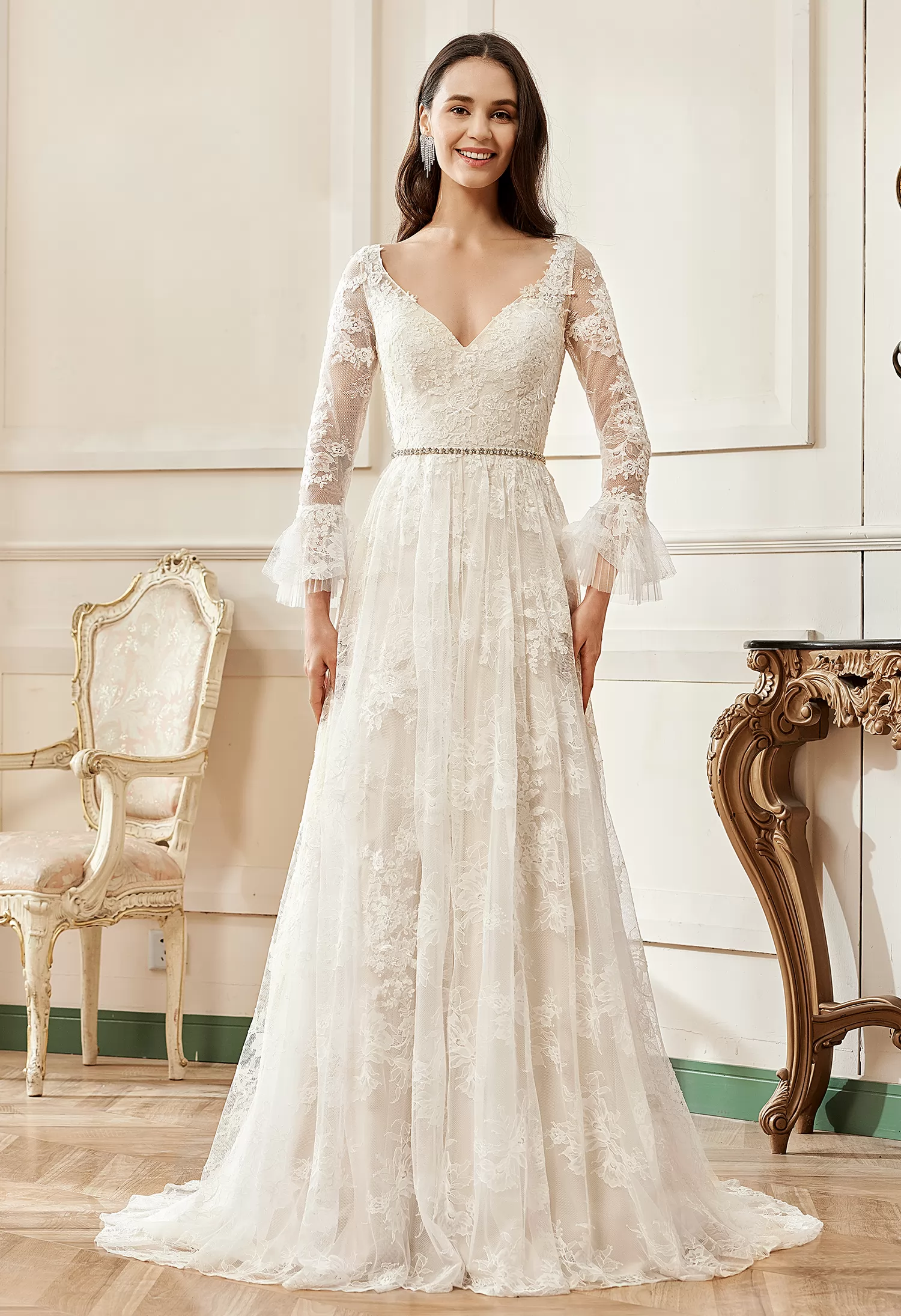A-Line V-neck Chapel Train Lace Wedding Dress With Flare Long Sleeve