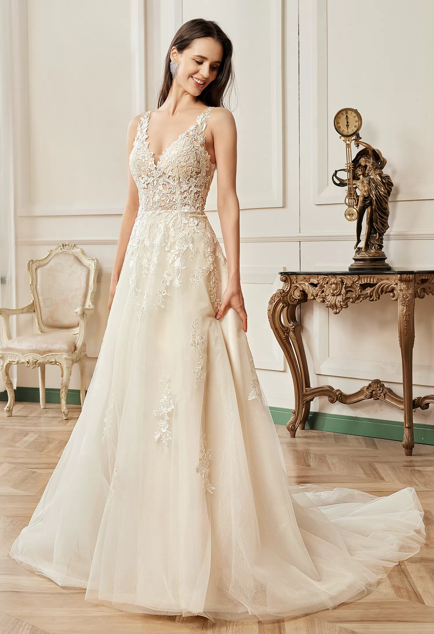 Illusion V-neckline A-Line Lace Straps Bridal Gown