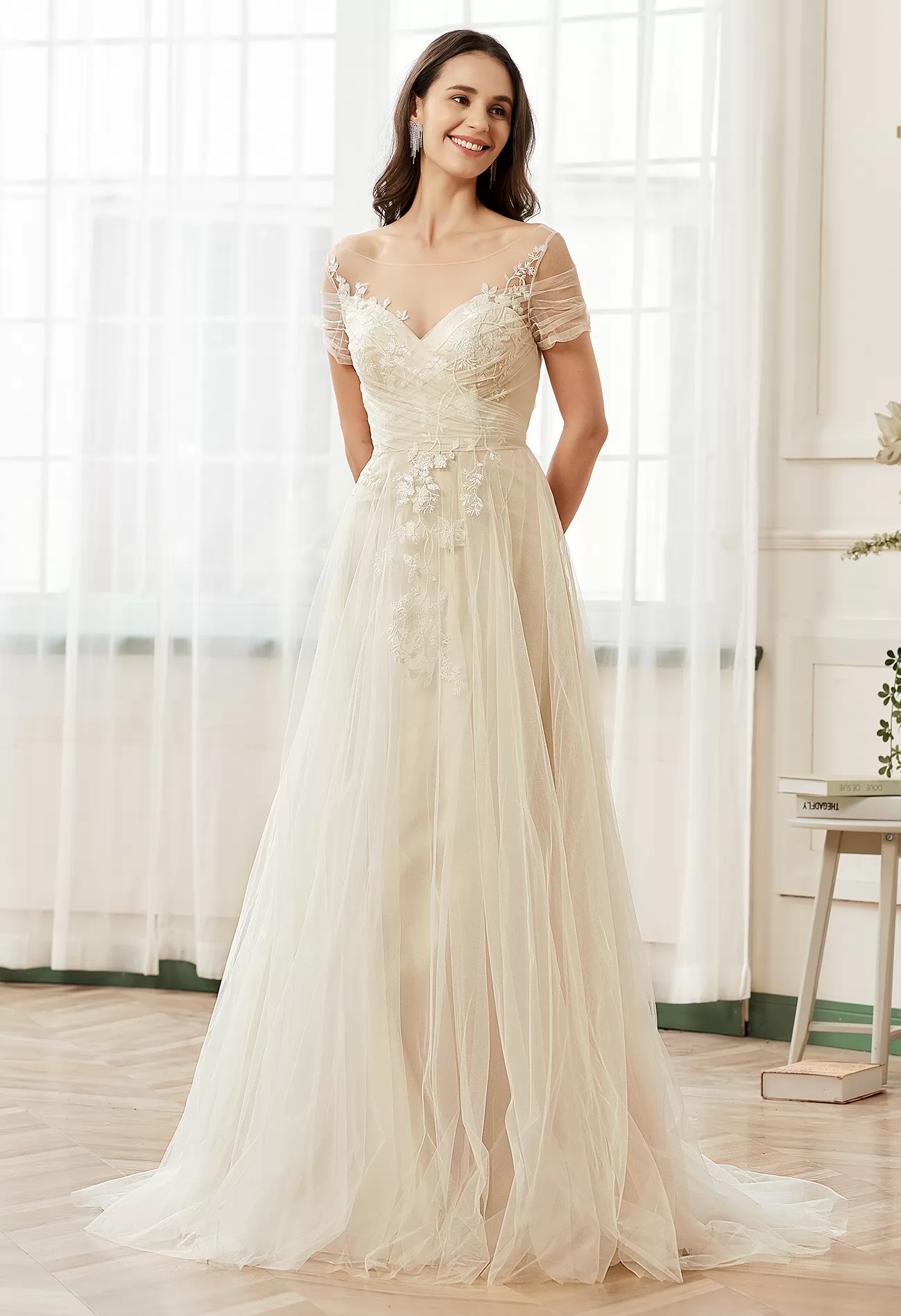 Romantic Off the Shoulder Illusion Pleated Bodice Tulle Bridal Gown