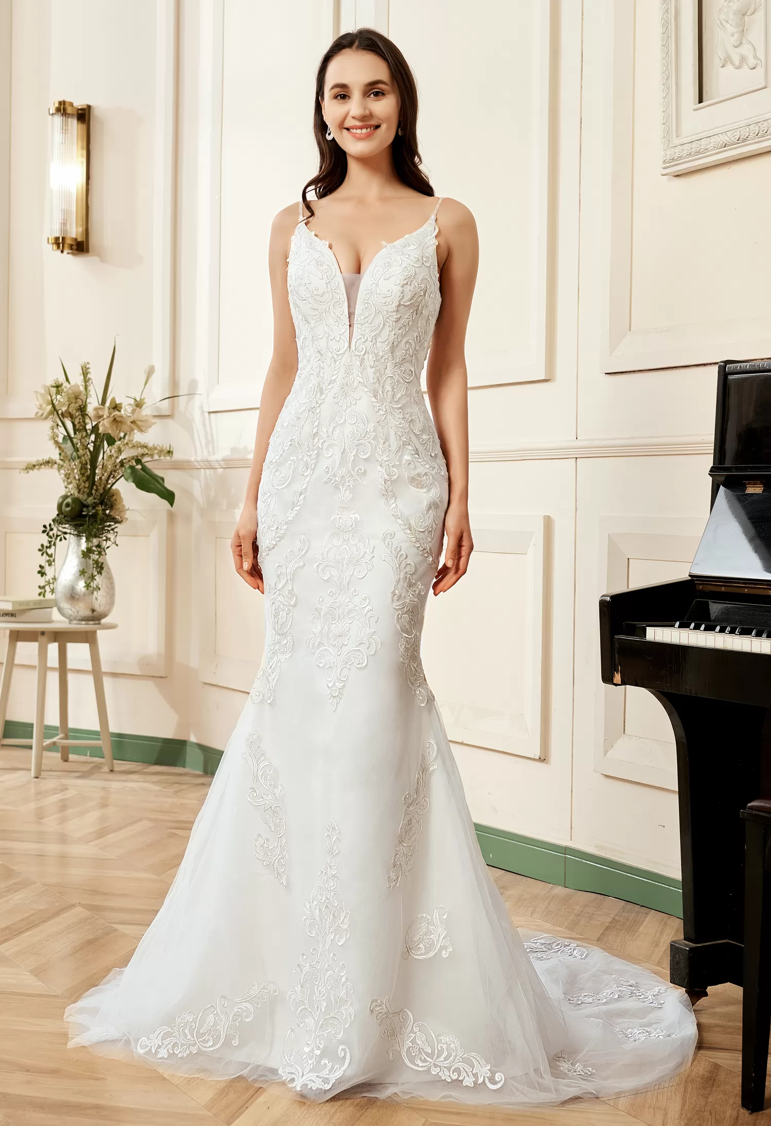Plunging V-neck Silver Embroidered Lace Court Train Wedding Dress