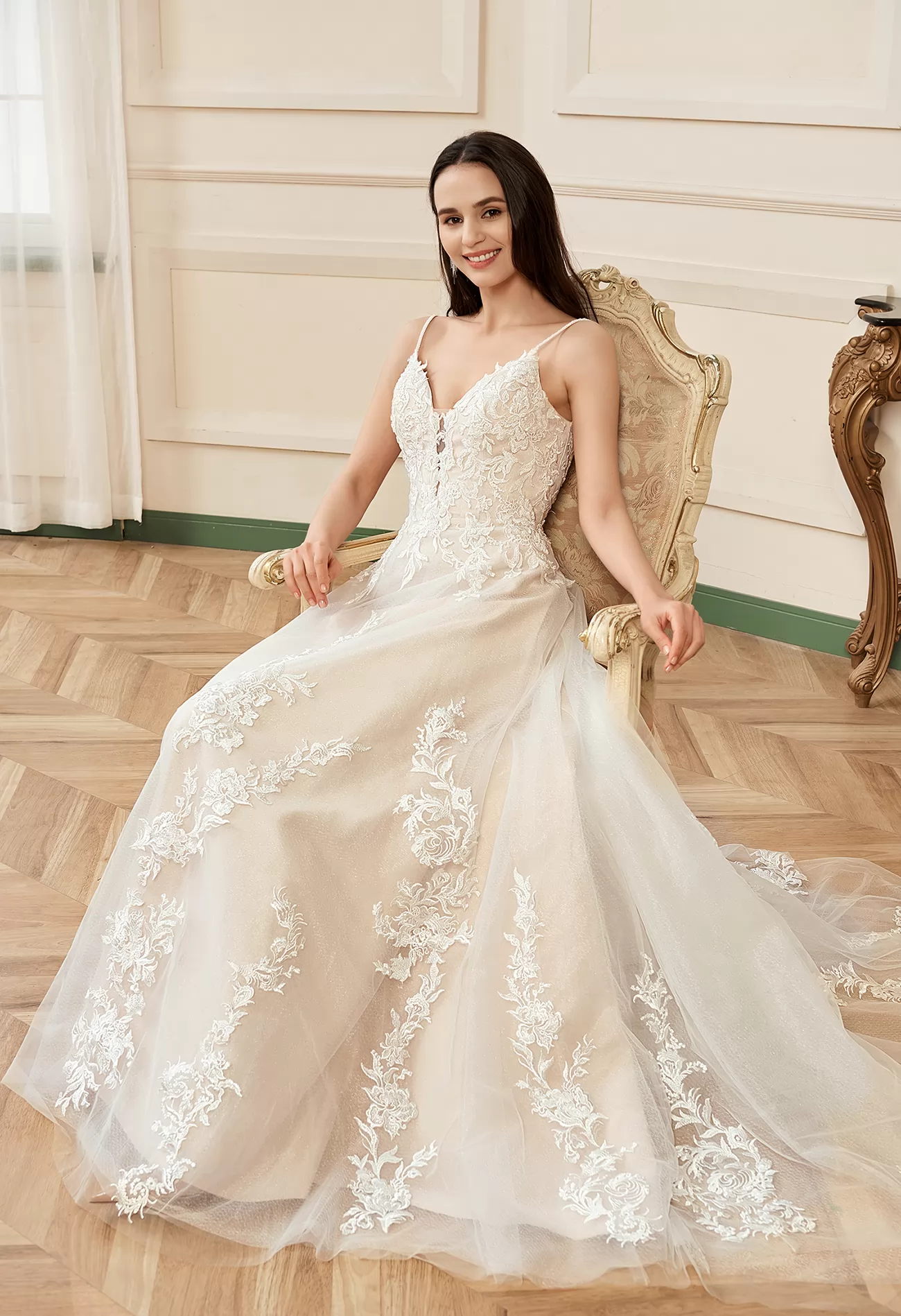 Gorgeous Blush V-neck Flower Lace A-Line Wedding Dress