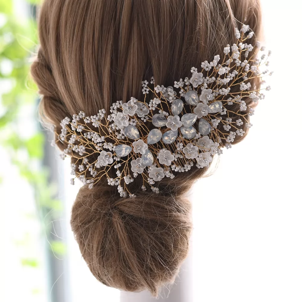 Luxury Opal Floral Bead and Crystals Comb