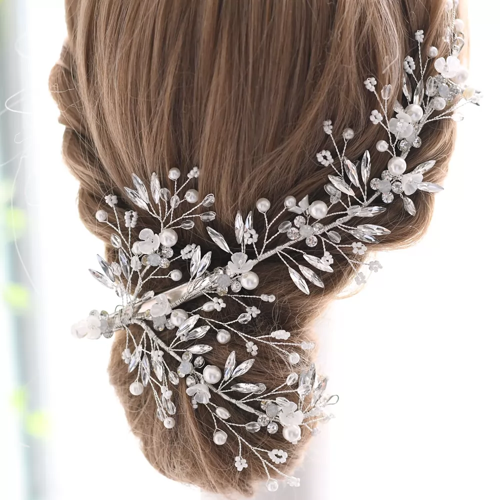 Elaborate Flower Bead and Pearls Bridal Hair Clip