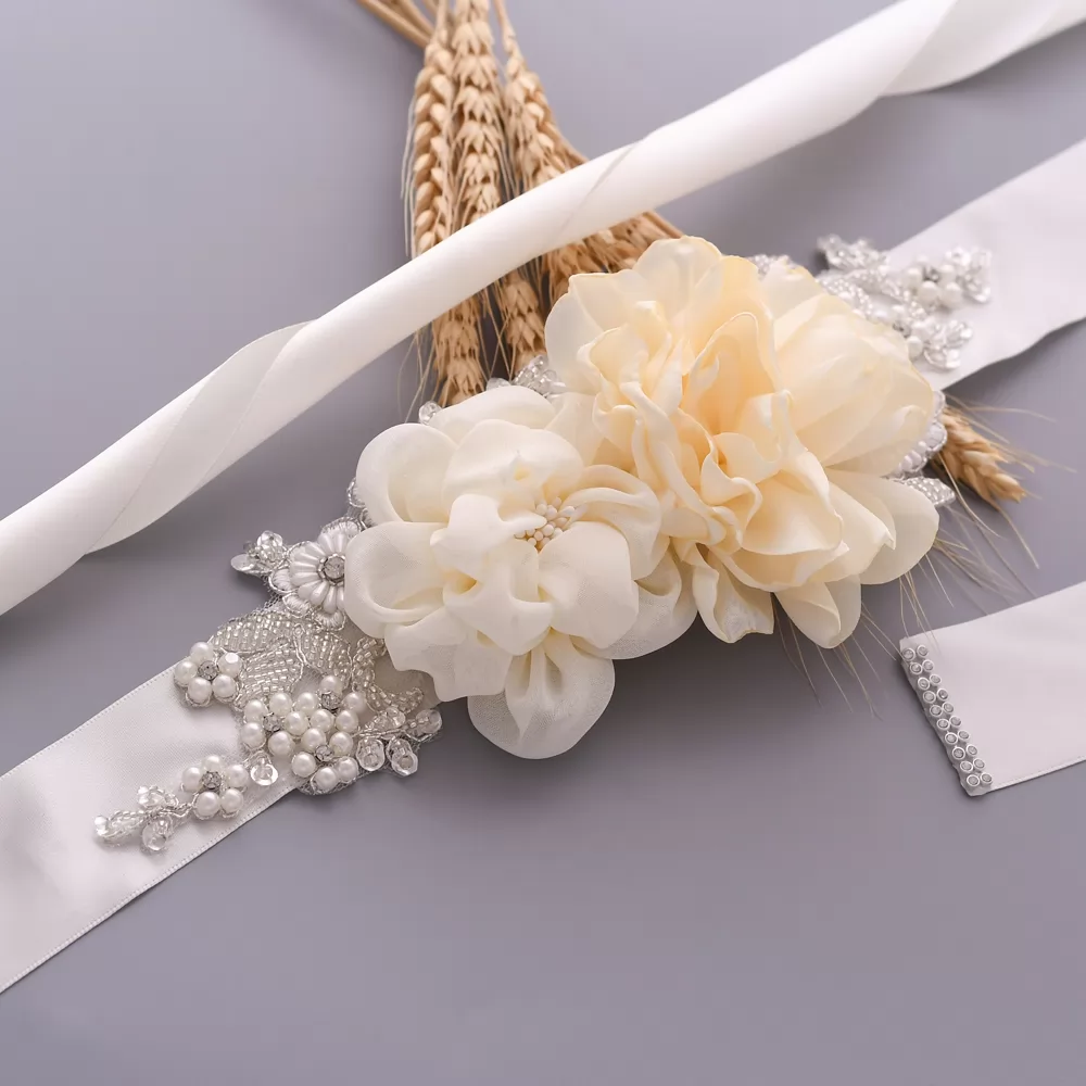 Chiffon Floral Pearl Beaded Bridal Ribbon Sash