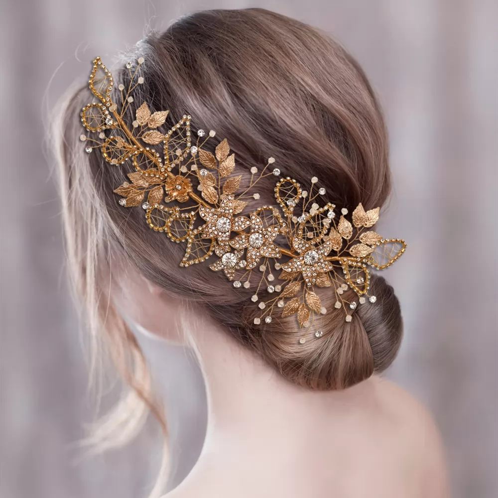 Luxury Gold Leaf Crystals Bridal Headpiece
