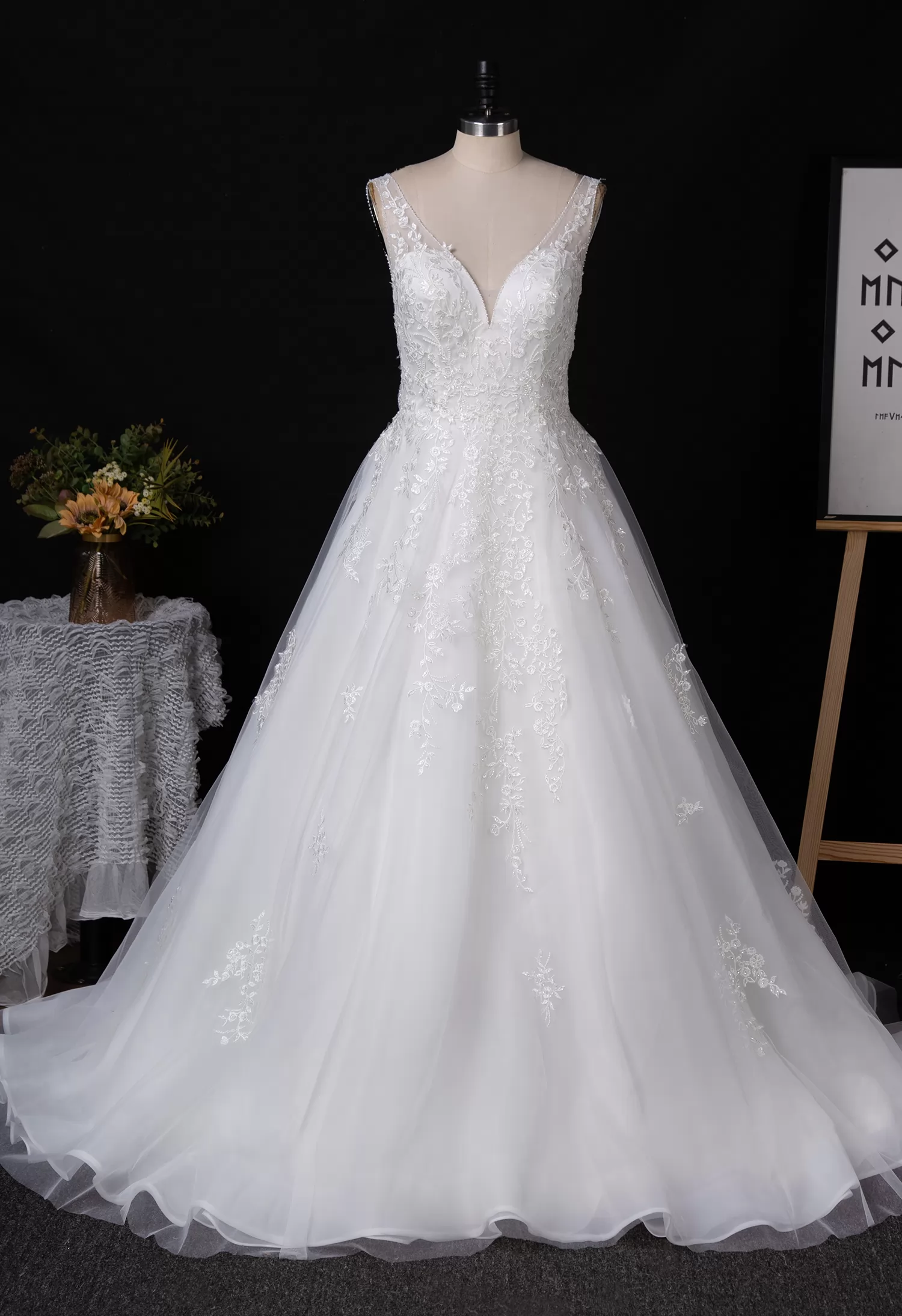 Floral Lace Beaded Wedding Dress With Low Back