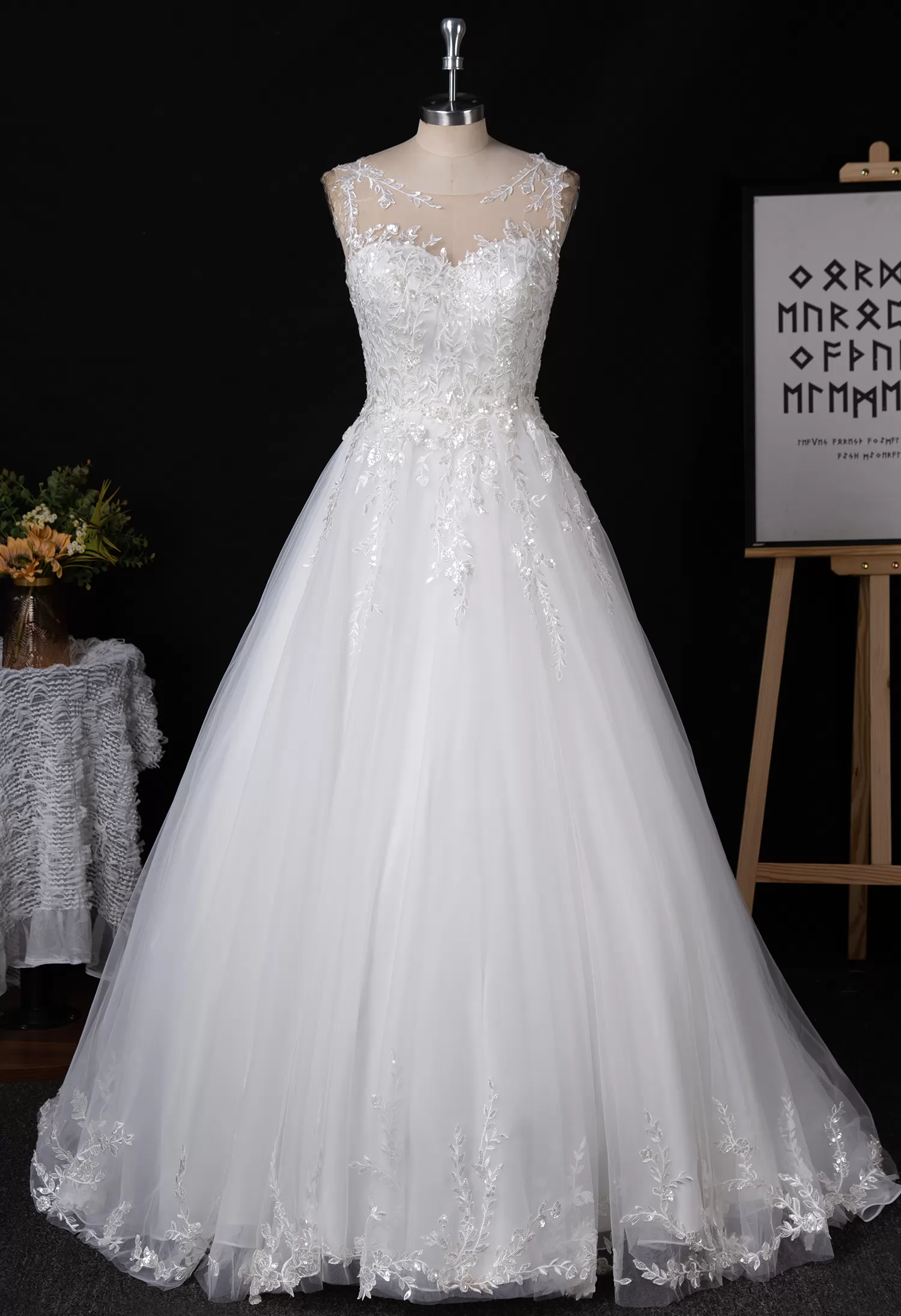 Shimmering Sequin Lace Bateau Wedding Gown