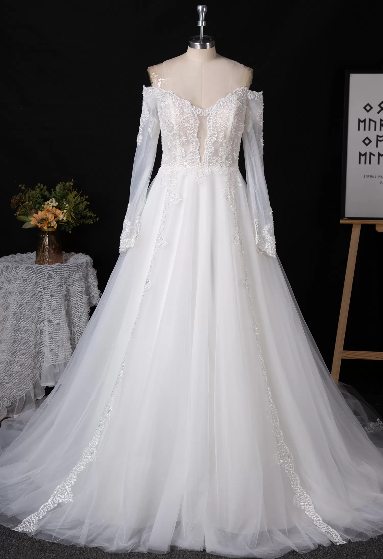 Long Sleeve Wedding Gown With Illusion Plunge