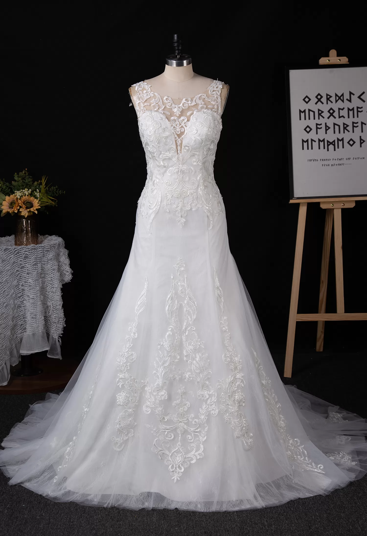 Illusion Plunging V-neckline Lace Wedding Dress With Open Back