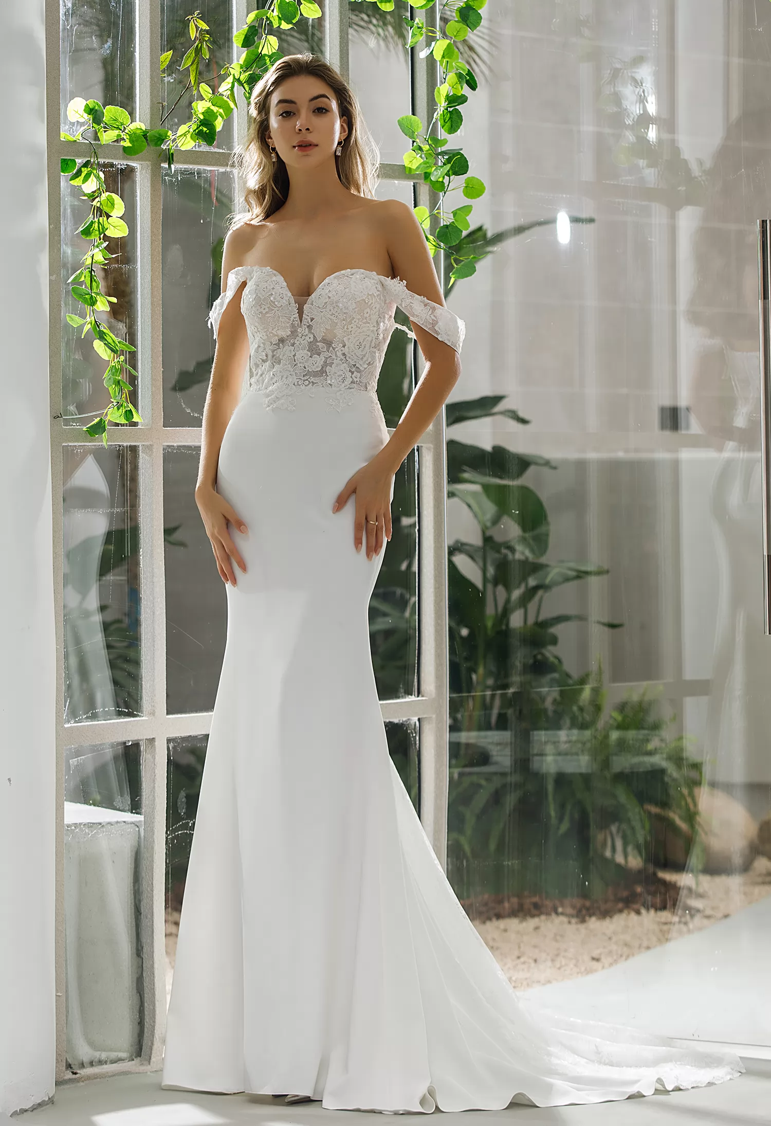 Fit And Flare Crepe Bridal Gown With Off-shoulder Straps