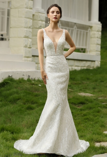 Glittery Fitted  Wedding Dress With Deep V Neckline