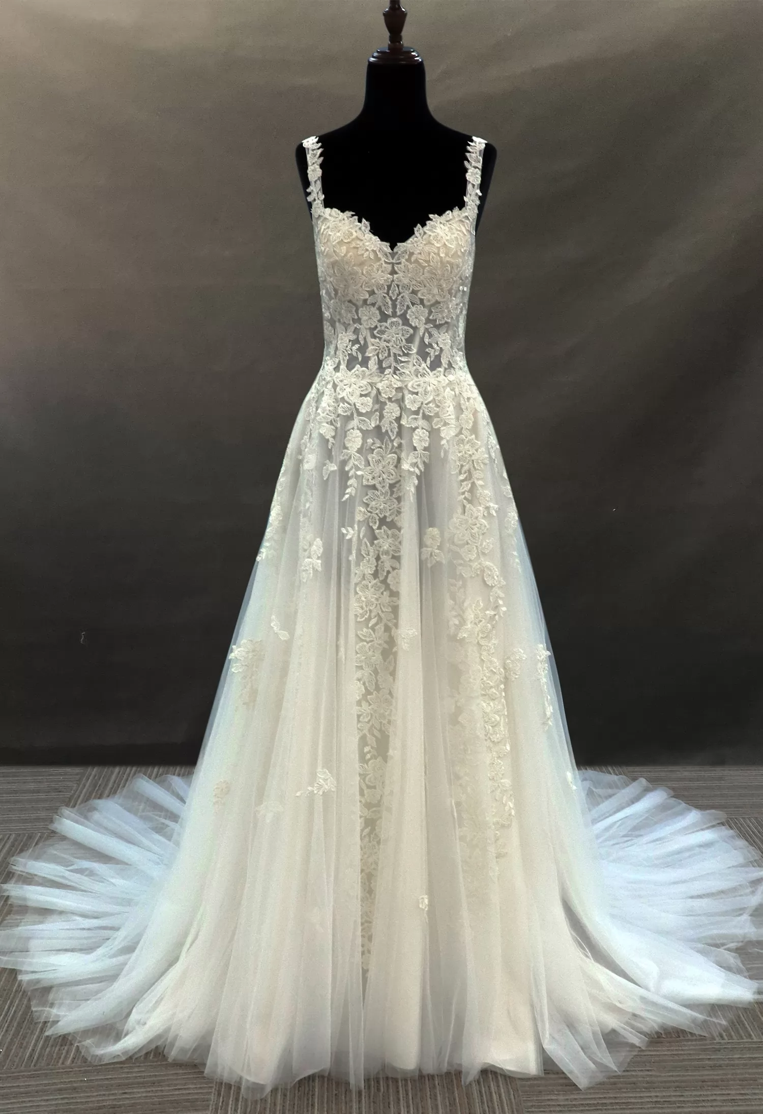 Illusion Beaded Tulle Bridal Gown With Floral Lace