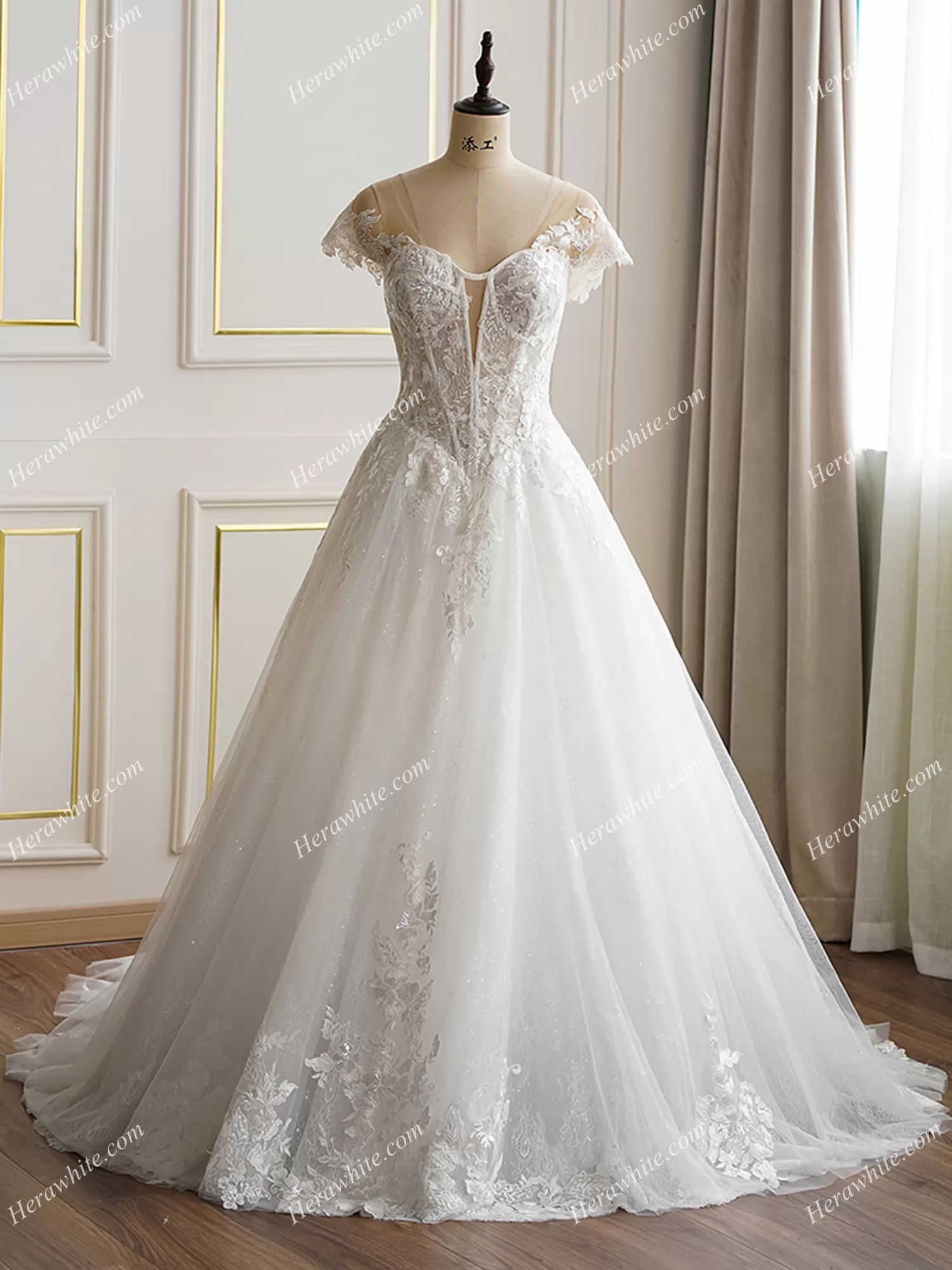 Aline Chapel train Bridal Ball Gown with Cape Sleeves