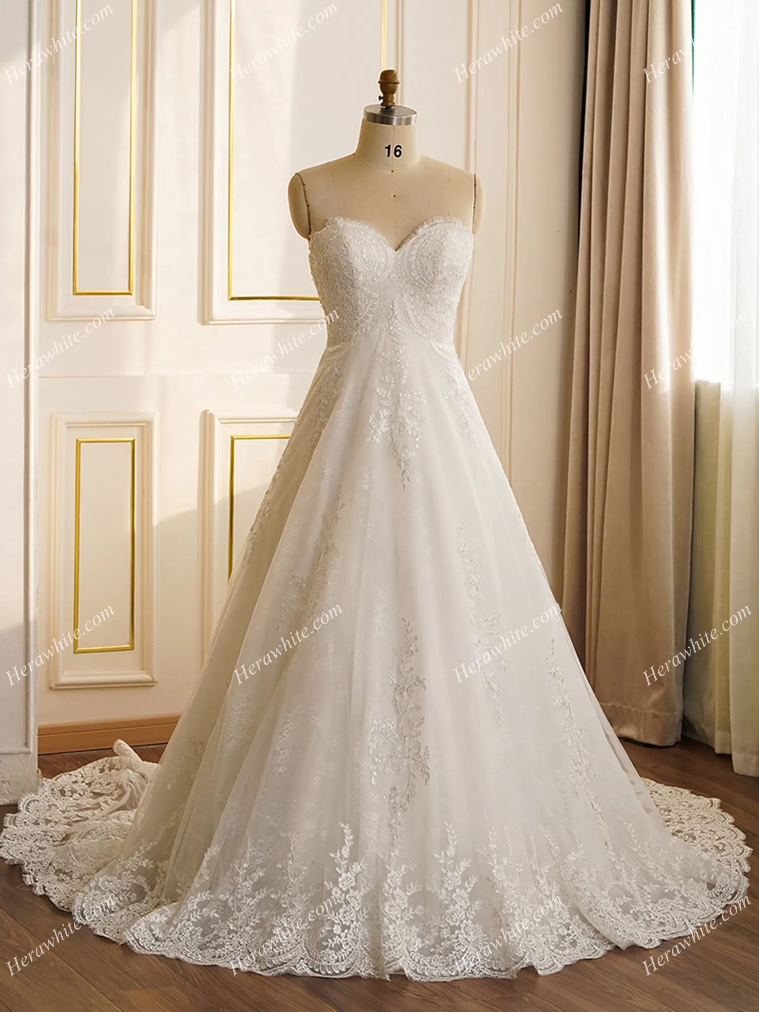 Strapless Whole Lace Count Train Wedding Dress