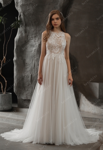 Bateau Neckline A-line Wedding Gown with Sequined Lace