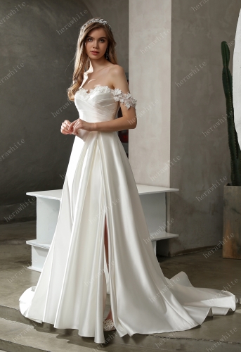 Satin Off-the-shoulder A-line Bridal Gown with Slit Skirt