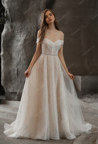 Shimmer Off-the-shoulder Neckline A-line Tulle Wedding Dress
