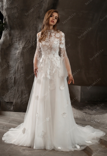 Illusion High Neck Bridal Gown with Lovely 3D Floral Lace
