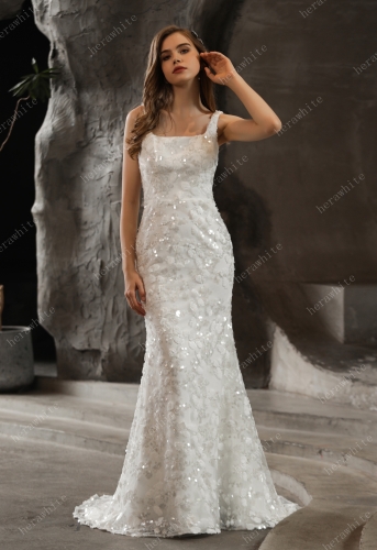Shimmery Sequined Lace Square Neckline Wedding Dress