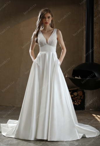 Timeless Satin V-neck Bridal Gown with Chapel Train