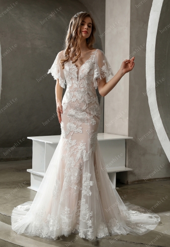 Floral Lace Pluning V-neck Bridal Gown with Flutter Sleeves